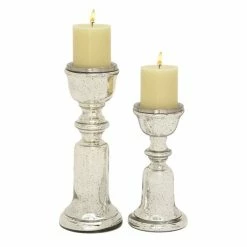 Deals 😀 Grayson Lane Set of 2 Silver Glass Pillar Candle Holder 🛒