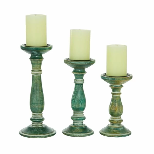New ๐ Grayson Lane Set of 3 Farmhouse Green Mango Wood Pillar Candle Holder ๐ 1 New ๐ Grayson Lane Set of 3 Farmhouse Green Mango Wood Pillar Candle Holder ๐