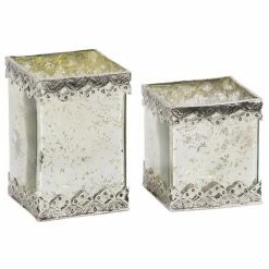 Best Pirce 🎁 Grayson Lane Set of 2 Glam White Glass Pillar Candle Holder ⌛