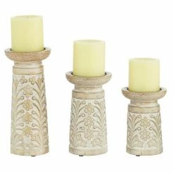 Promo π Grayson Lane Set of 3 Brown Mango Wood Pillar Candle Holder π₯