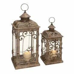 Wholesale 🧨 GRAYSON LANE Set of 2 20 In., 15 In. Rustic Lantern Brown Metal 🛒