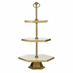Cheap 🤩 Grayson Lane Natural 3 Tier Tray Stand - Gold Stoneware and Aluminum - 22-in X 12-in ⌛