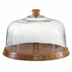 Best Pirce 👍 Grayson Lane 9-in x 13-in Natural Cake Stand with Cloche - Brown Wood and Glass ✨