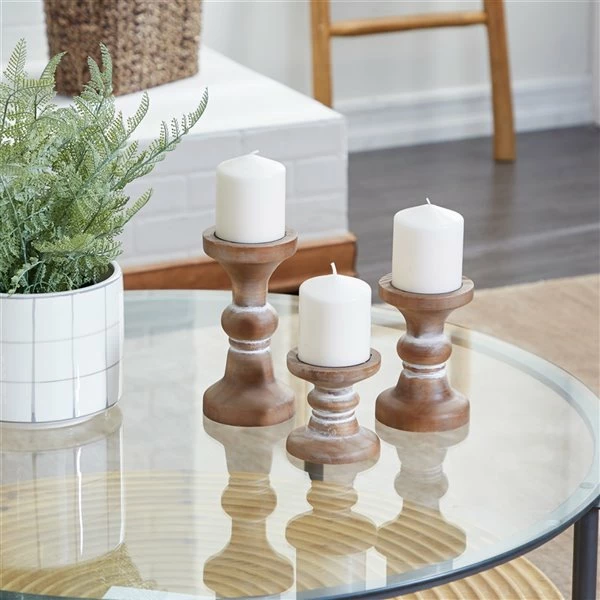 Hot Sale 👍 Grayson Lane 1 Candle Brown Wood Pillar Farmhouse Candle Holder - Set of 3 ⭐ 2 Hot Sale 👍 Grayson Lane 1 Candle Brown Wood Pillar Farmhouse Candle Holder - Set of 3 ⭐ - Image 2