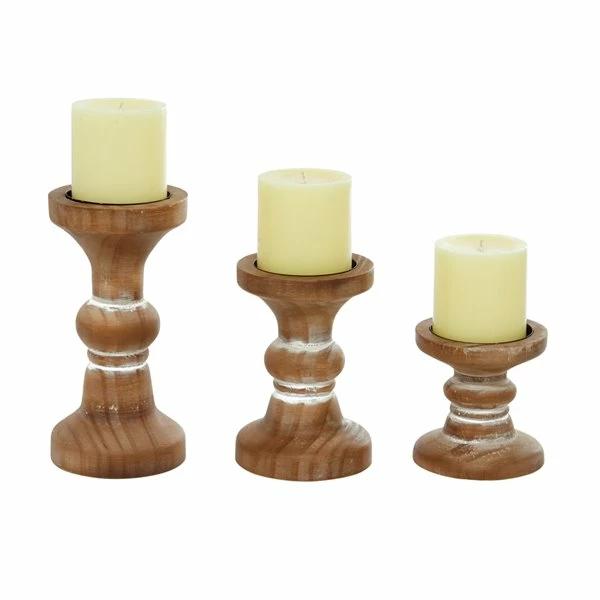 Hot Sale 👍 Grayson Lane 1 Candle Brown Wood Pillar Farmhouse Candle Holder - Set of 3 ⭐ 1 Hot Sale 👍 Grayson Lane 1 Candle Brown Wood Pillar Farmhouse Candle Holder - Set of 3 ⭐