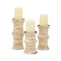 Hot Sale 🧨 Grayson Lane Set of 3 Natural Wooden Pillar Candle Holder ✔️