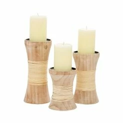 Buy 😉 Grayson Lane Brown Wooden Pillar Candle Holder - Set of 3 🎉