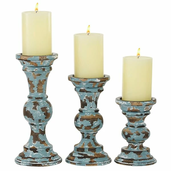New 👍 Grayson Lane Light Blue Wooden Pillar Candle Holder - Set of 3 🎁 1 New 👍 Grayson Lane Light Blue Wooden Pillar Candle Holder - Set of 3 🎁