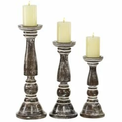 Best deal π― Grayson Lane Country Cottage Brown Wooden Pillar Candle Holder - Set of 3 π
