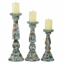 Best deal 🎉 Grayson Lane Blue Wooden Pillar Candle Holder - Set of 3 🎁