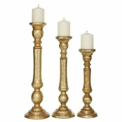 Discount 🥰 Grayson Lane Set of 3 21-in, 18-in, 15-in Traditional Candle Holder - Gold Mango Wood 🔥