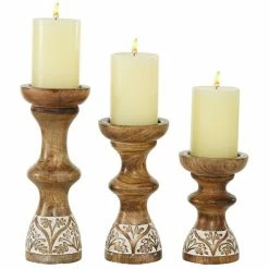 Hot Sale ✨ Grayson Lane 1-Candle Brown Wood Pillar Candle Holder - Set of 3 ⌛