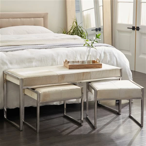 Best Pirce 🌟 Grayson Lane Modern Glam Metallic Silver White Leather Accent Bench - Set of 3 🌟 2 Best Pirce 🌟 Grayson Lane Modern Glam Metallic Silver White Leather Accent Bench - Set of 3 🌟 - Image 2