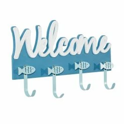 Flash Sale 🤩 Grayson Lane Coral Blue Wood Fish-Themed Welcome Decorative 4 Screw Wall Hooks - Set of 1 👍 -GRAYSON LANE Sales 2022 330941211 AlternateImage5 l