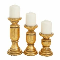 Best Sale β€οΈ Grayson Lane 1-Candle Gold Wood Pillar Candle Holders - 3-Piece π§¨