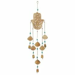 Deals 👏 Grayson Lane 32-in Gold Wood Hamsa Hand Wind Chime with Blue Beads 👍