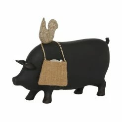 Best Sale ❤️ Grayson Lane Farmhouse Black Resin/Stone Pig Blackboard with Burlap Bag and Chicken Sculpture Tabletop Decoration 🎁