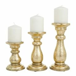 Wholesale 🔥 Grayson Lane 1-Candle Gold Wood Pillar Candle Holders - Set of 3 😀