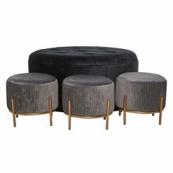New 😀 Grayson Lane Glam Grey Velvet Round Ottomans - Set of 4 ✔️
