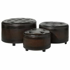 Cheapest ๐ Grayson Lane Rustic Brown Faux Leather Round Ottomans - Set of 3 ๐ฅฐ