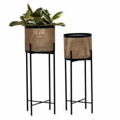 Deals 😍 Grayson Lane 11-in W x 31.5-in H Glam Gold Perforated Metal Round Planters with Black Stands - Set of 2 🛒
