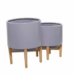 Promo 🎉 Grayson Lane 15.7-in W x 20.1-in H Contemporary Grey Metal Round Planters with Wood Stands - Set of 2 ⭐ -GRAYSON LANE Sales 2022 330945087 AlternateImage5 l