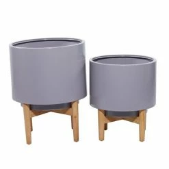 Promo 🎉 Grayson Lane 15.7-in W x 20.1-in H Contemporary Grey Metal Round Planters with Wood Stands - Set of 2 ⭐