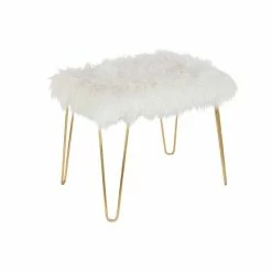 Cheapest 🧨 Grayson Lane Modern White Faux Fur and Gold Frame Rectangle Ottoman ⌛