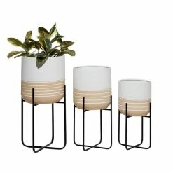 Best Sale 🎉 Grayson Lane 14-in W x 27.5-in H Farmhouse White/Beige Metal Round Planters with Black Stands - Set of 3 🤩