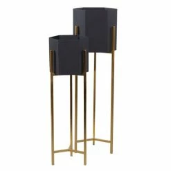 Promo 🎉 Grayson Lane 11-in W x 25-in H Contemporary Gold/Black Metal Round Planters - Set of 2 😀 -GRAYSON LANE Sales 2022 330945183 AlternateImage5 l