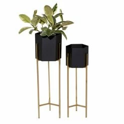 Promo 🎉 Grayson Lane 11-in W x 25-in H Contemporary Gold/Black Metal Round Planters - Set of 2 😀