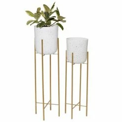 Discount ✔️ Grayson Lane 13-in W x 46-in H Contemporary White Metal Round Planters with Gold Stands - Set of 2 ⭐