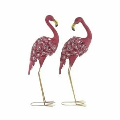 New 🔥 Grayson Lane 38-in H x 10-in W Metal Pink Flamingo Garden Statue - Set of 2 👏