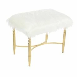 Outlet 🔔 Grayson Lane Modern White Faux Fur and Gold Metal Rectangle Ottoman 🤩