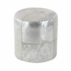 Deals 🛒 Grayson Lane Glam Silver Genuine Leather Round Ottoman ⌛